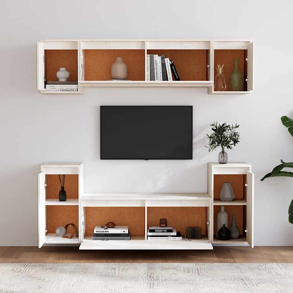6 Piece TV Cabinet Set White Solid Wood Pine