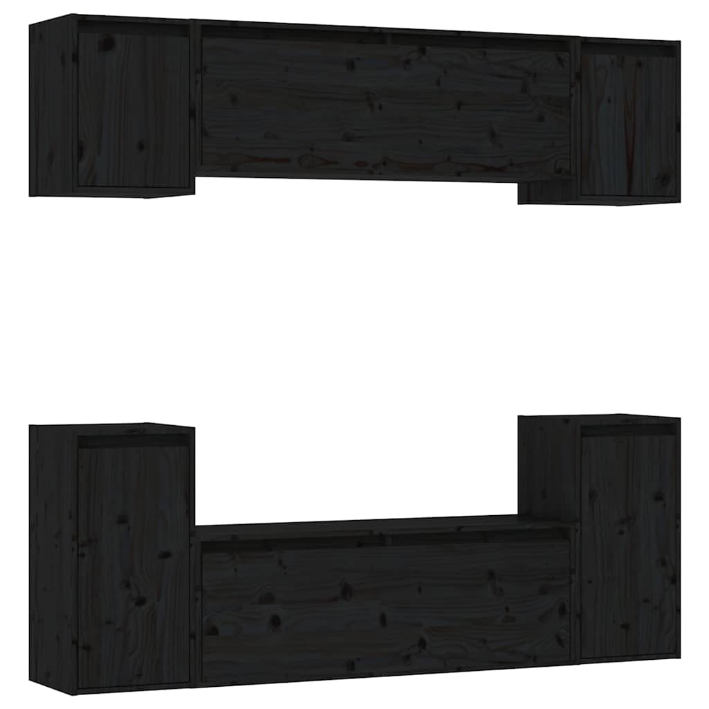 6 Piece TV Cabinet Set Black Solid Wood Pine