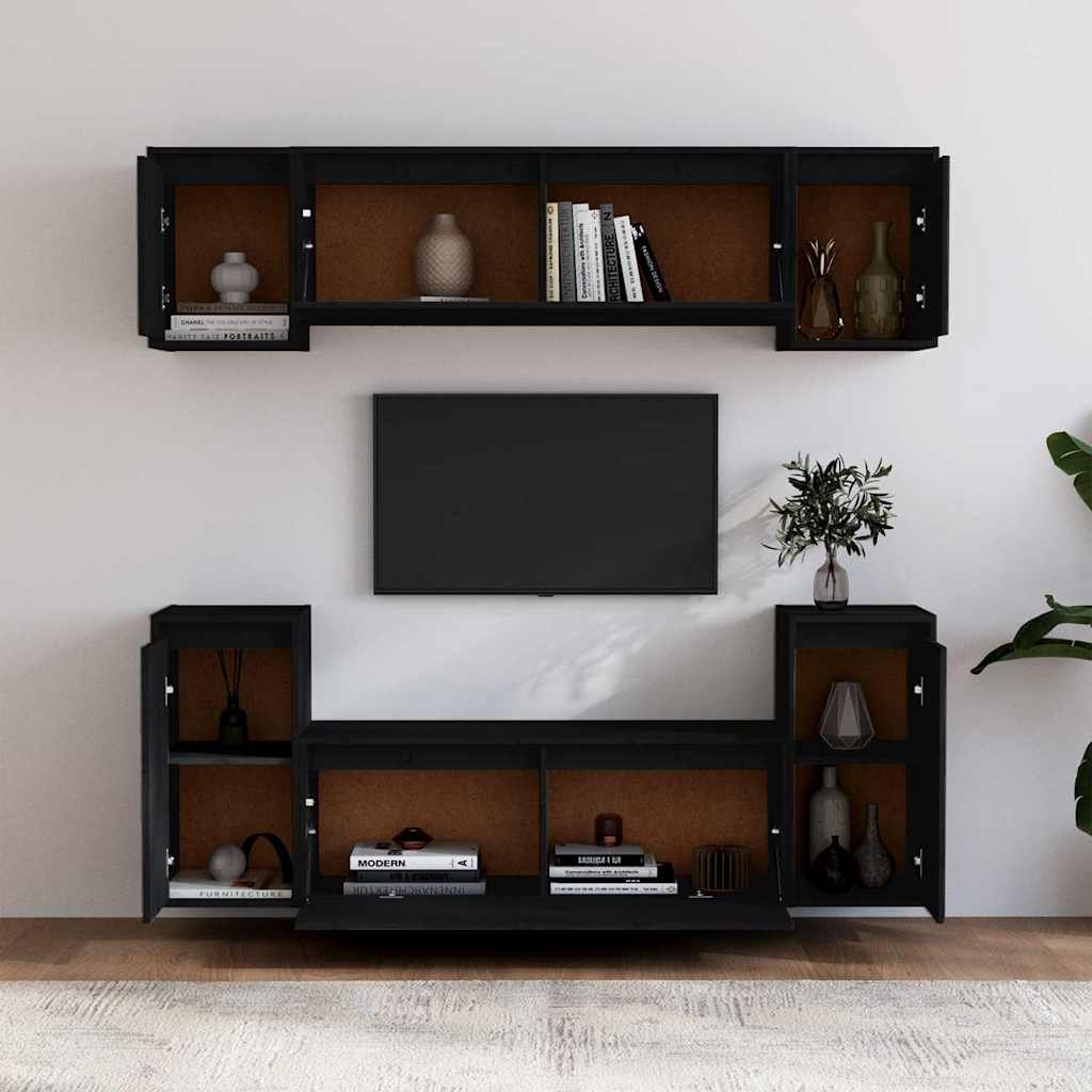 6 Piece TV Cabinet Set Black Solid Wood Pine