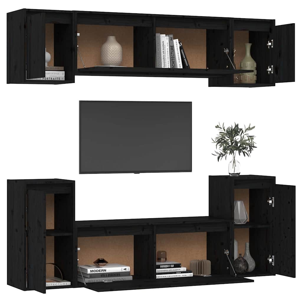 6 Piece TV Cabinet Set Black Solid Wood Pine