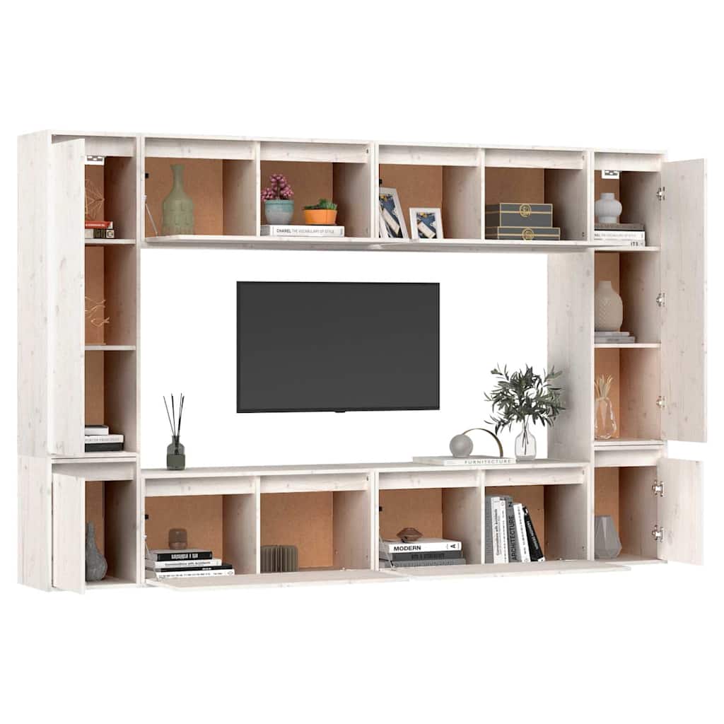 8 Piece Wall-mounted TV Cabinet Set White Solid Wood Pine