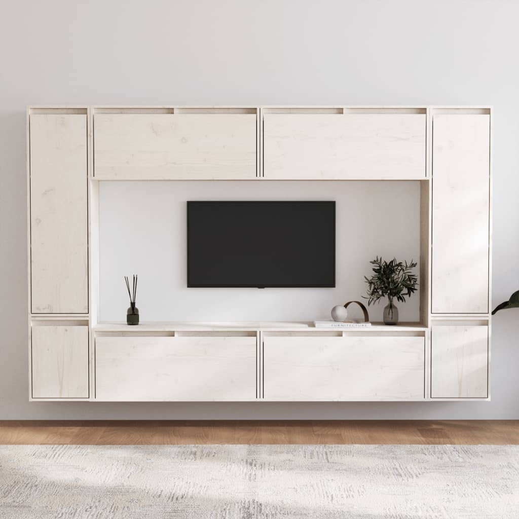 8 Piece Wall-mounted TV Cabinet Set White Solid Wood Pine