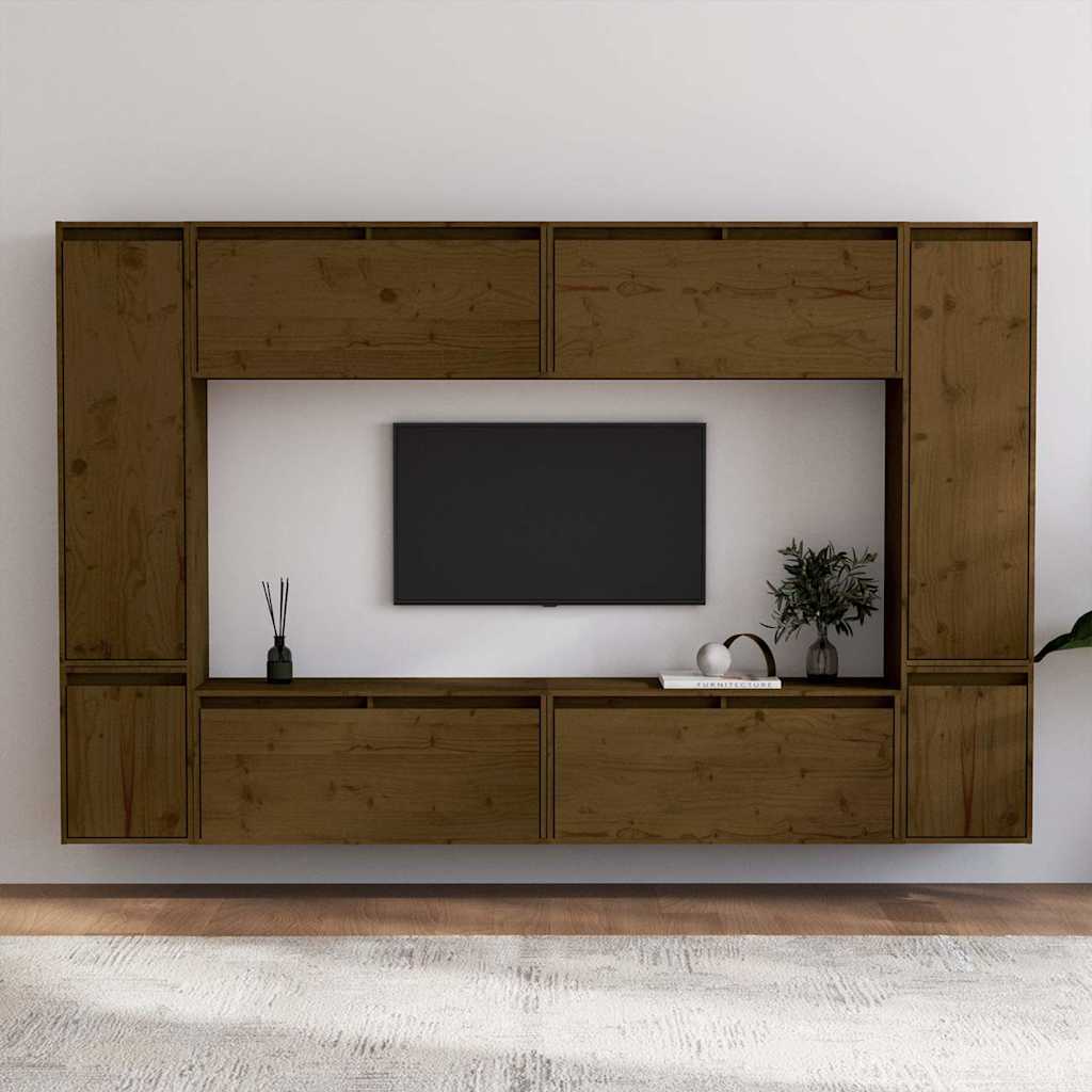 8 Piece Wall-mounted TV Cabinet Set Honey Brown Solid Wood Pine