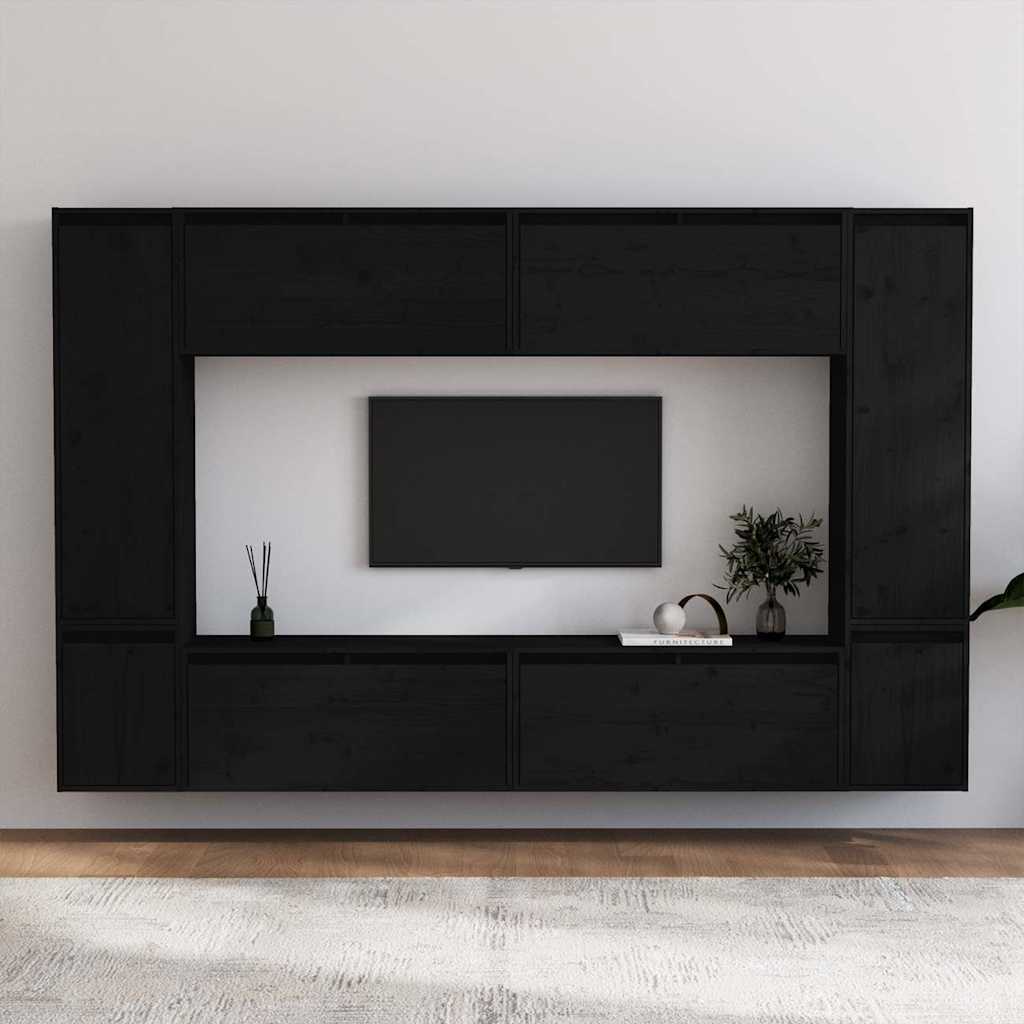 8 Piece Wall-mounted TV Cabinet Set Black Solid Wood Pine