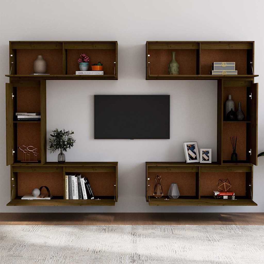 6 Piece TV Cabinet Set Honey Brown Solid Wood Pine