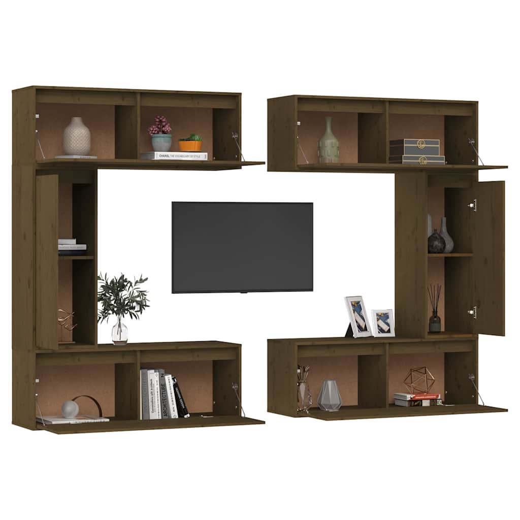 6 Piece TV Cabinet Set Honey Brown Solid Wood Pine