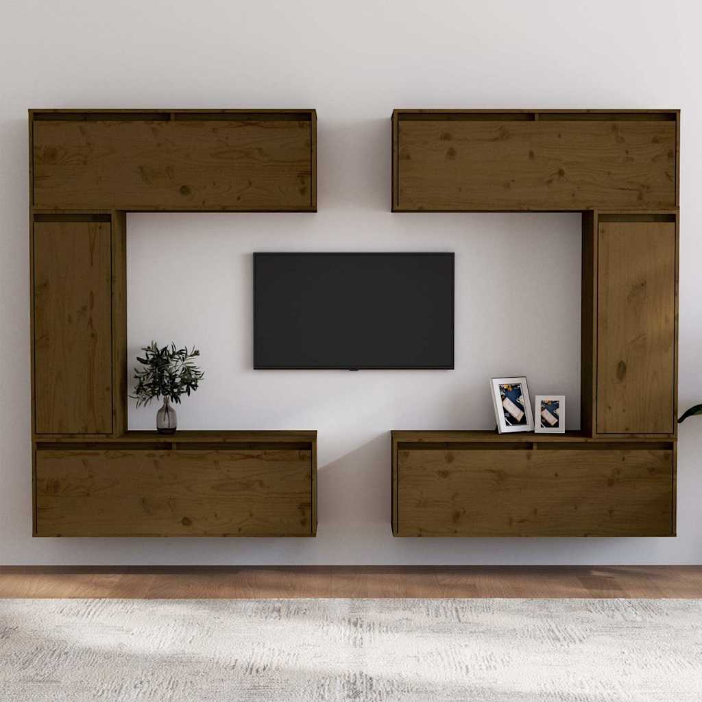 6 Piece TV Cabinet Set Honey Brown Solid Wood Pine