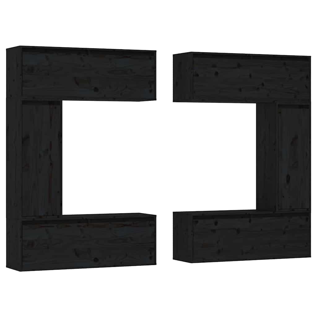 6 Piece TV Cabinet Set Black Solid Wood Pine