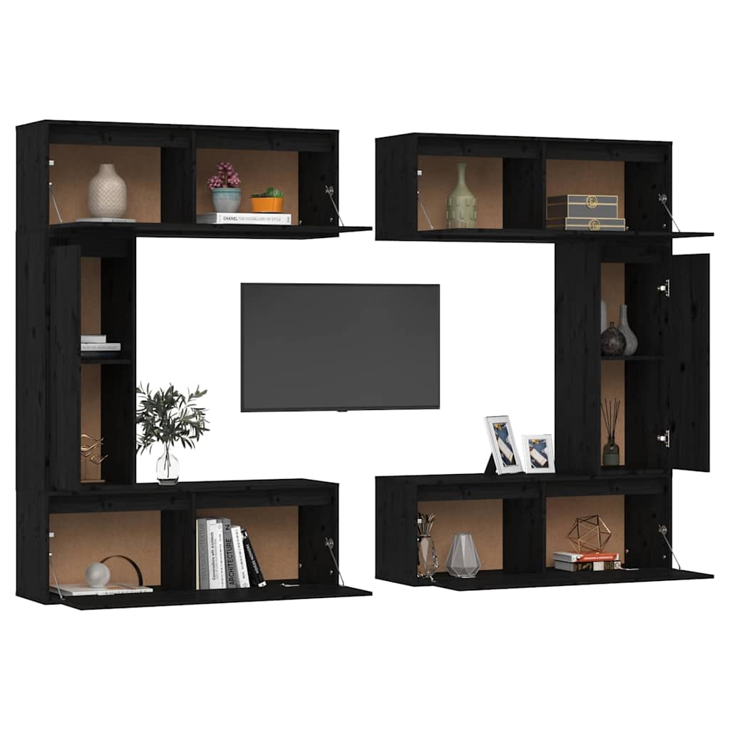 6 Piece TV Cabinet Set Black Solid Wood Pine