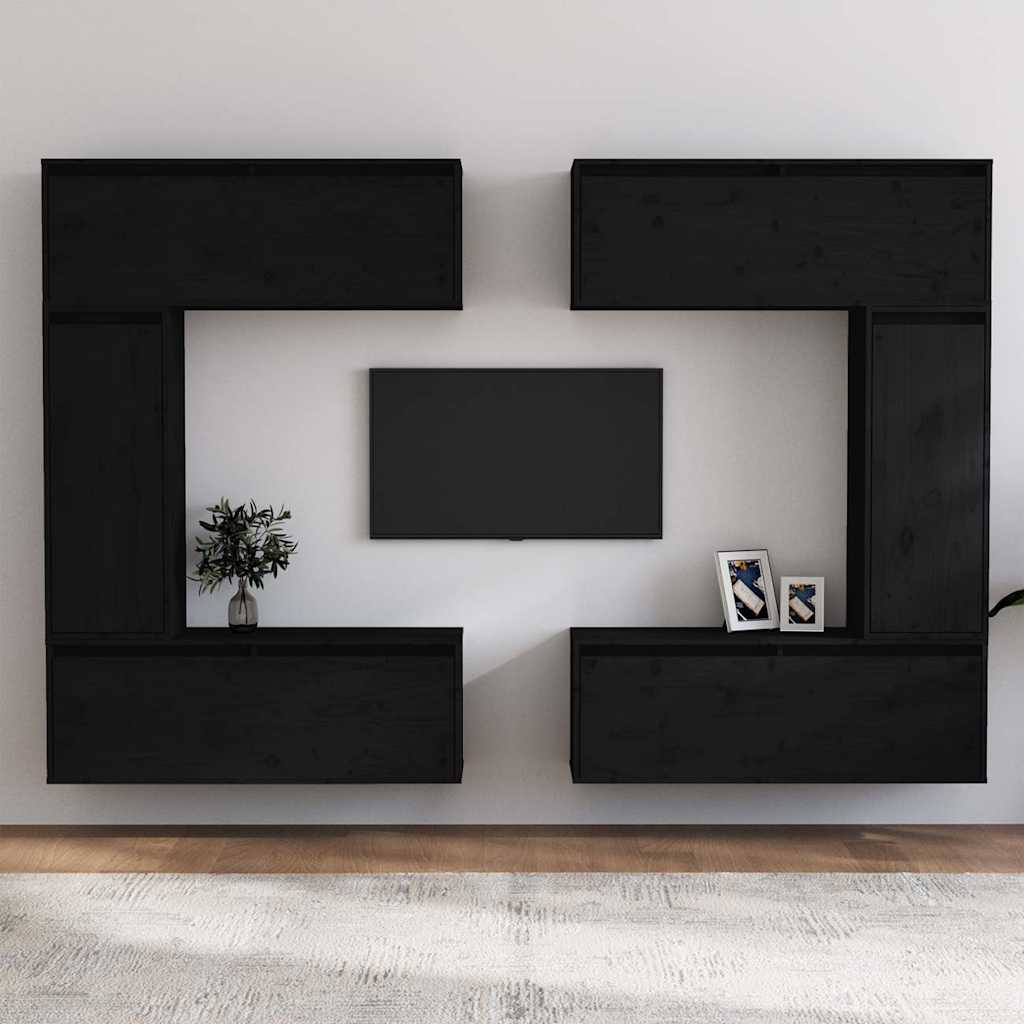 6 Piece TV Cabinet Set Black Solid Wood Pine