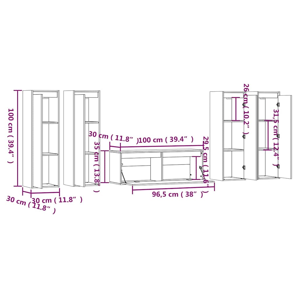 5 Piece TV Cabinet Set Solid Wood Pine