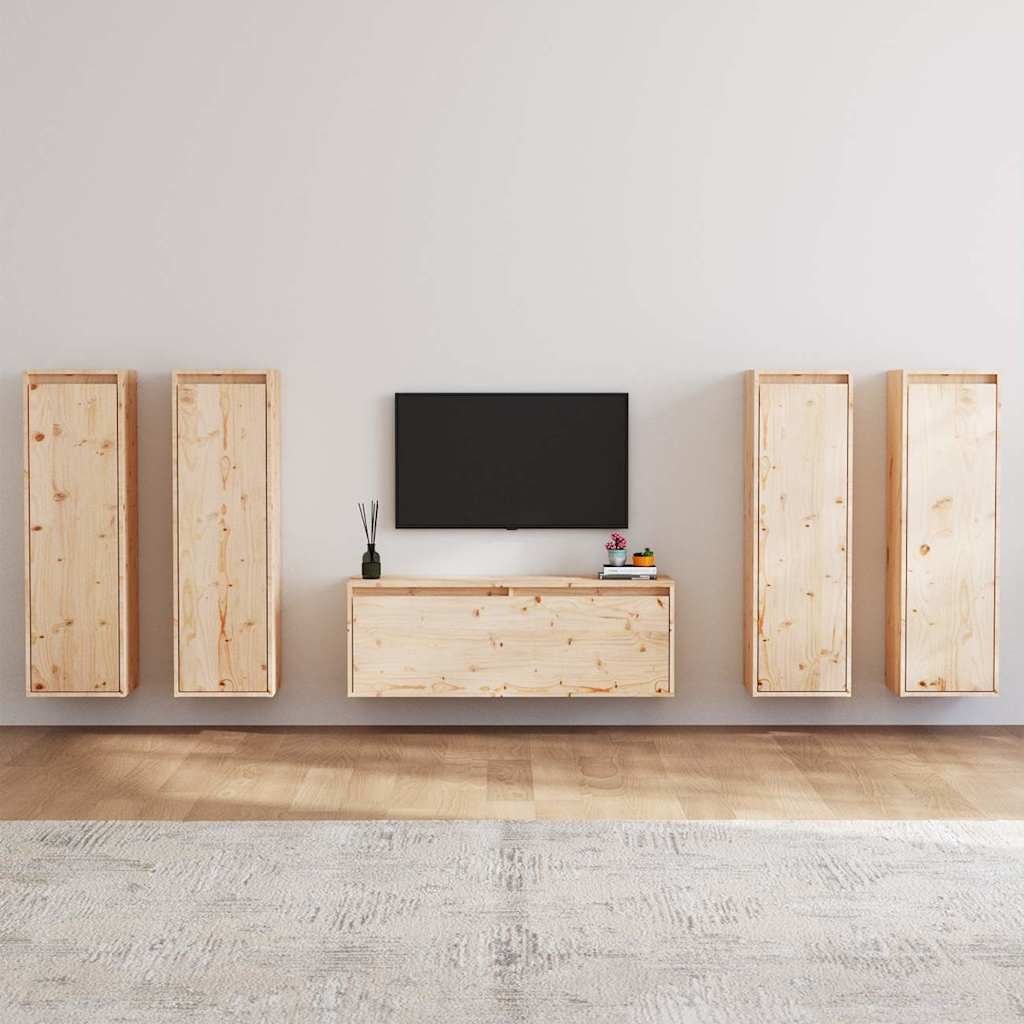 5 Piece TV Cabinet Set Solid Wood Pine