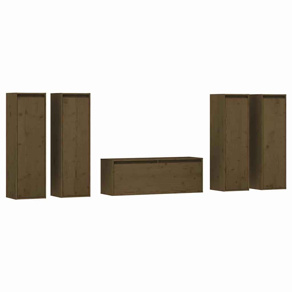 5 Piece TV Cabinet Set Honey Brown Solid Wood Pine