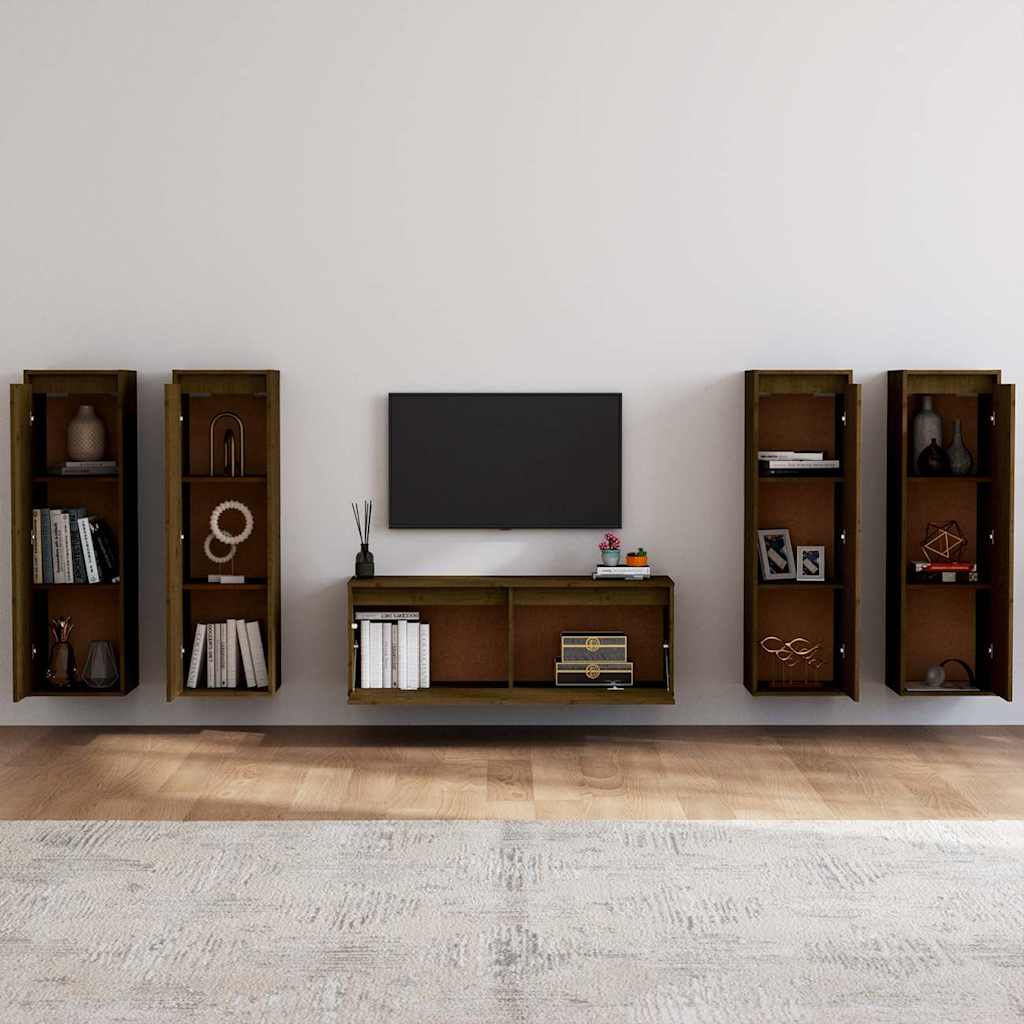 5 Piece TV Cabinet Set Honey Brown Solid Wood Pine