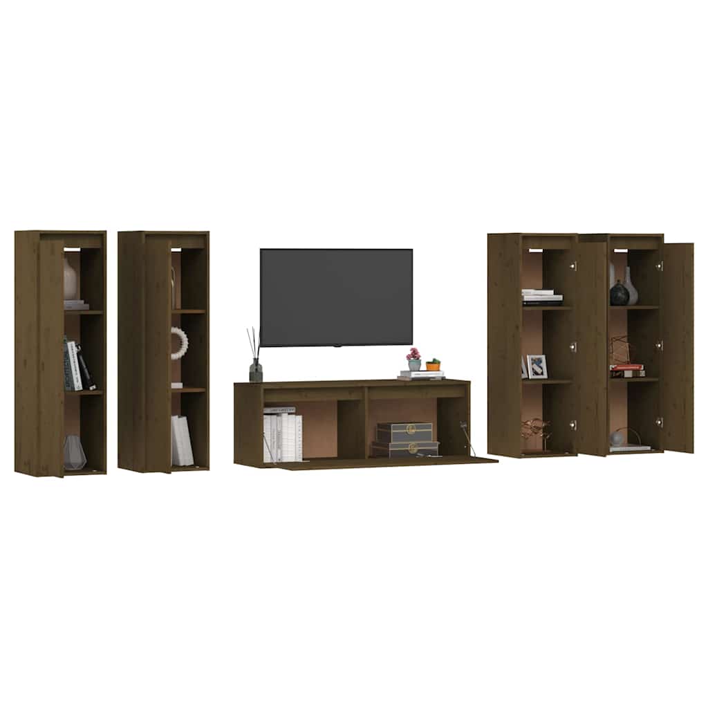 5 Piece TV Cabinet Set Honey Brown Solid Wood Pine