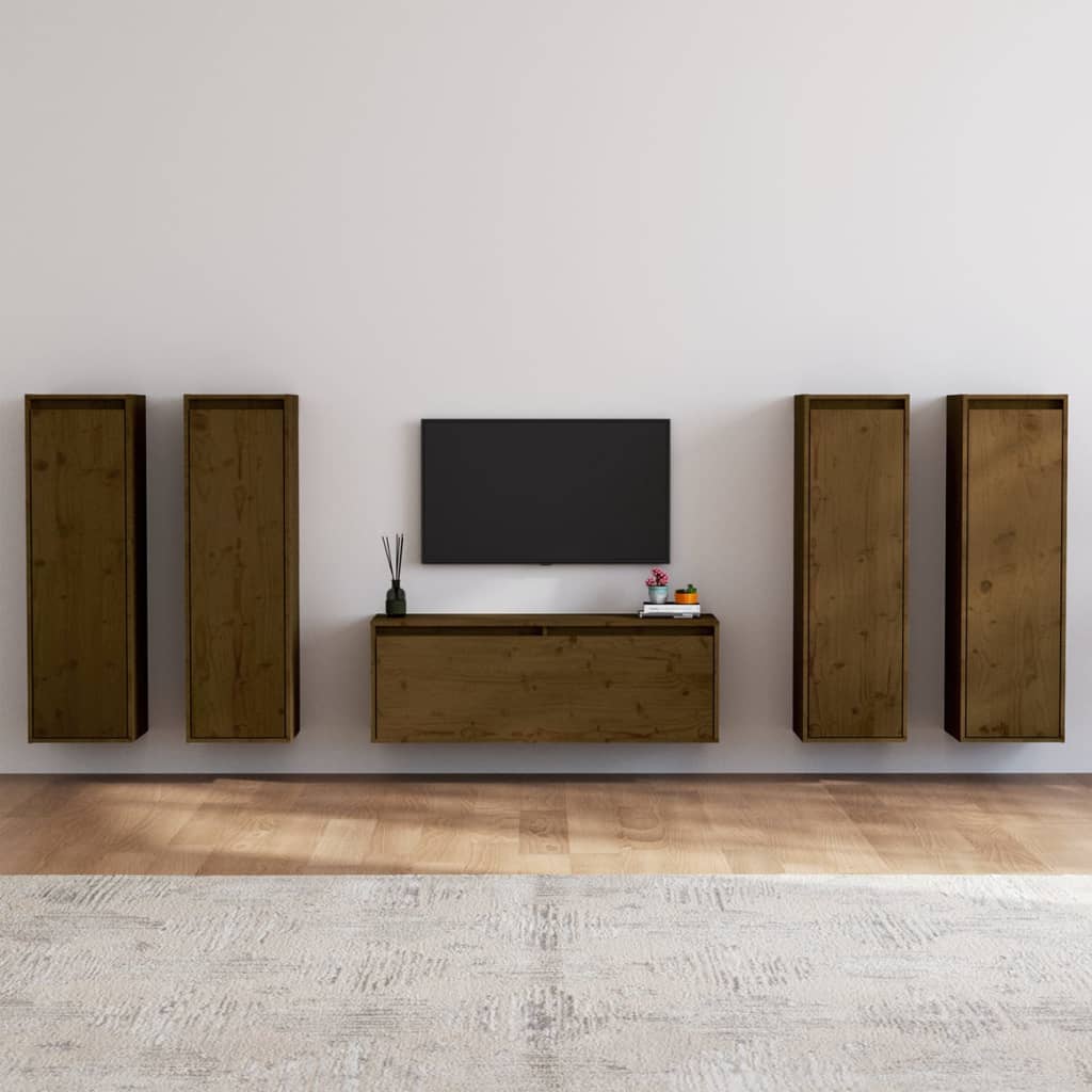 5 Piece TV Cabinet Set Honey Brown Solid Wood Pine