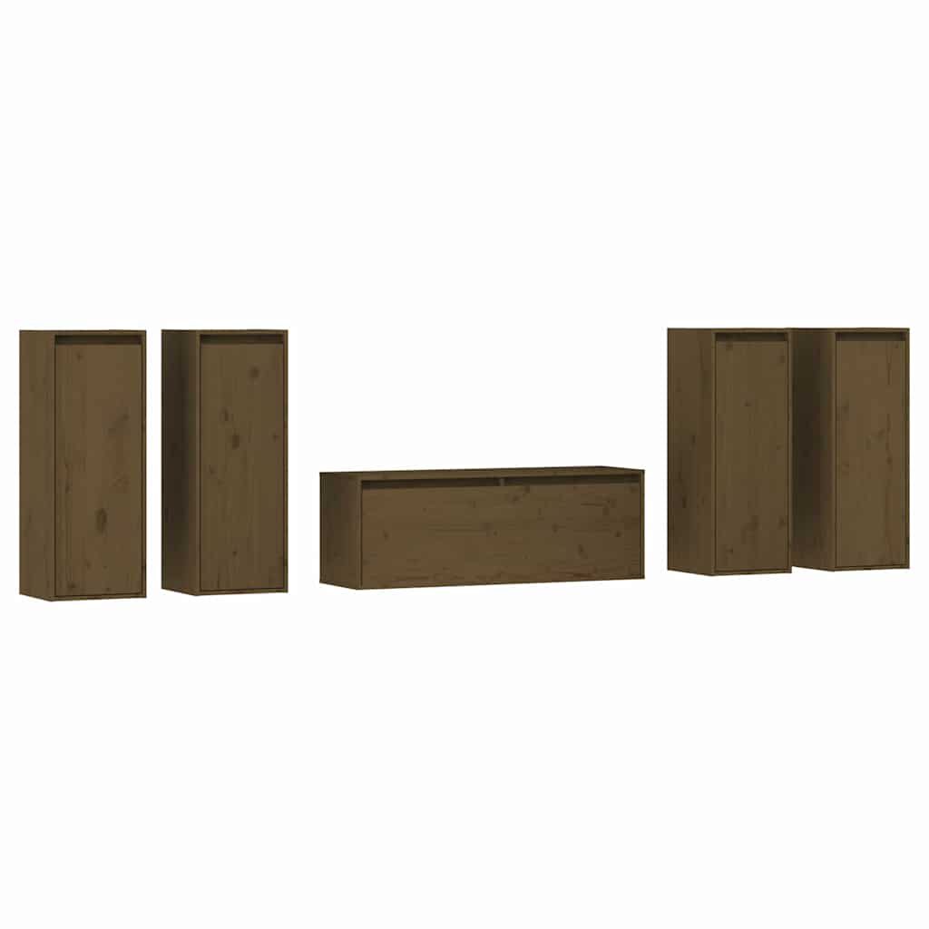5 Piece TV Cabinet Set Honey Brown Solid Wood Pine