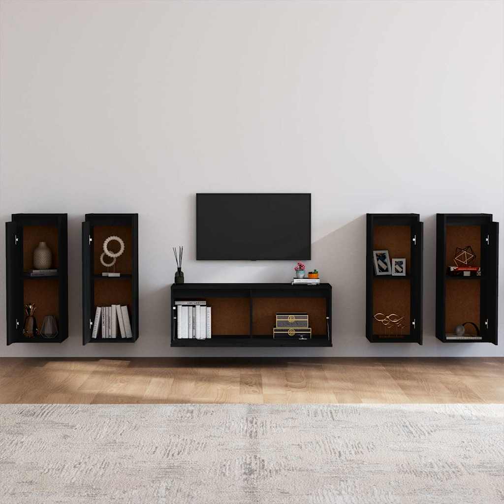 5 Piece TV Cabinet Set Black Solid Wood Pine