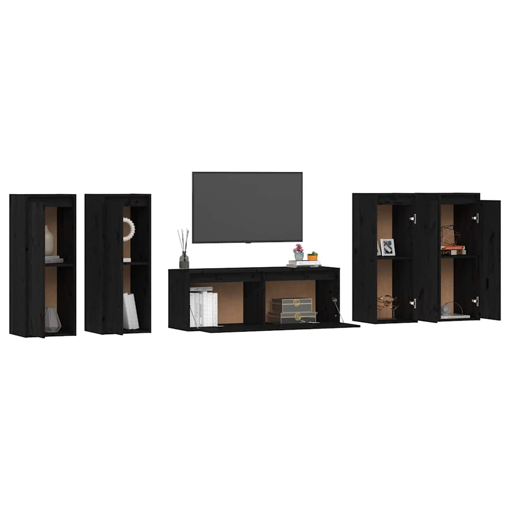 5 Piece TV Cabinet Set Black Solid Wood Pine