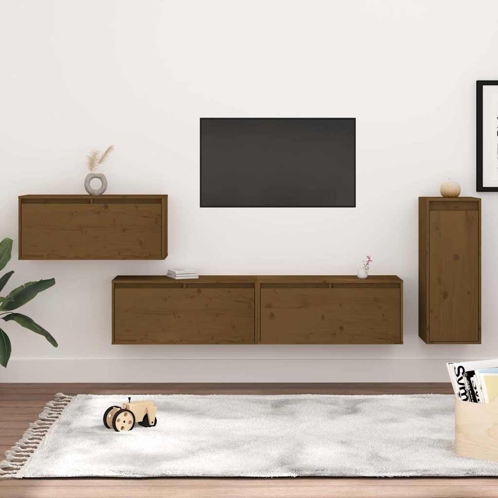 4 Piece TV Cabinet Set Honey Brown Solid Wood Pine