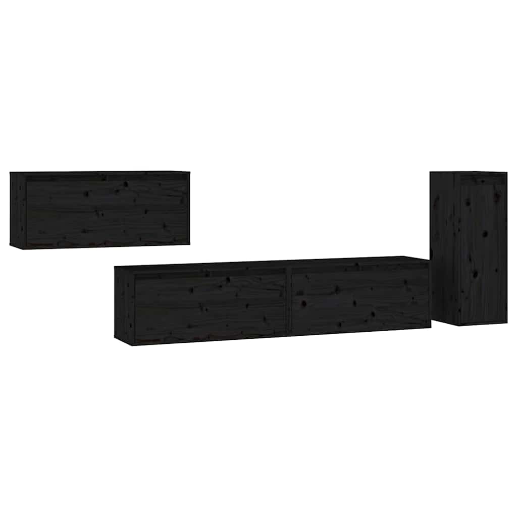 4 Piece TV Cabinet Set Black Solid Wood Pine