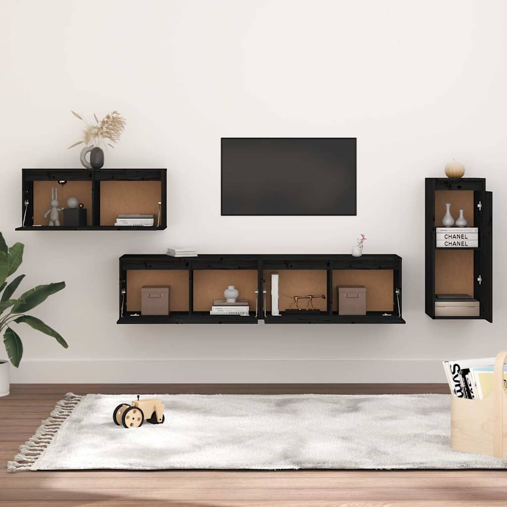 4 Piece TV Cabinet Set Black Solid Wood Pine