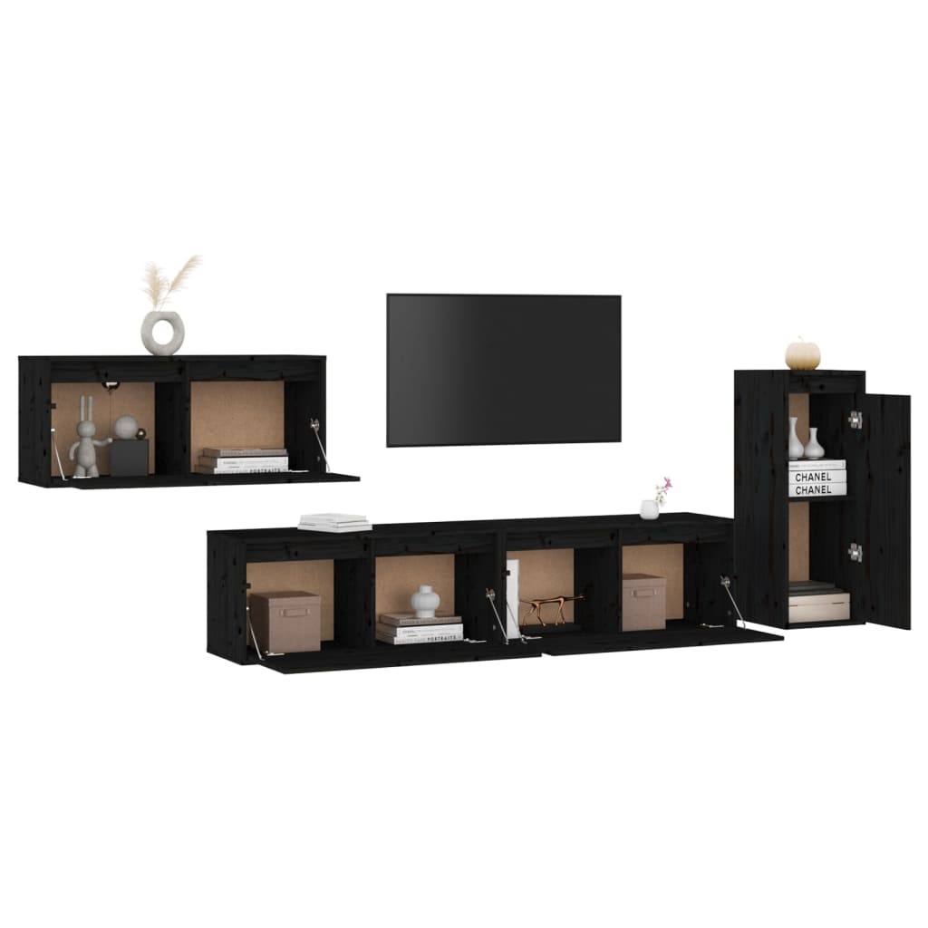 TV Cabinets 4 pcs Black Solid Wood Pine
