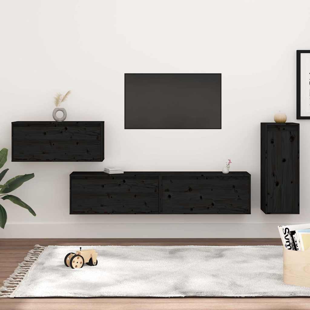 4 Piece TV Cabinet Set Black Solid Wood Pine