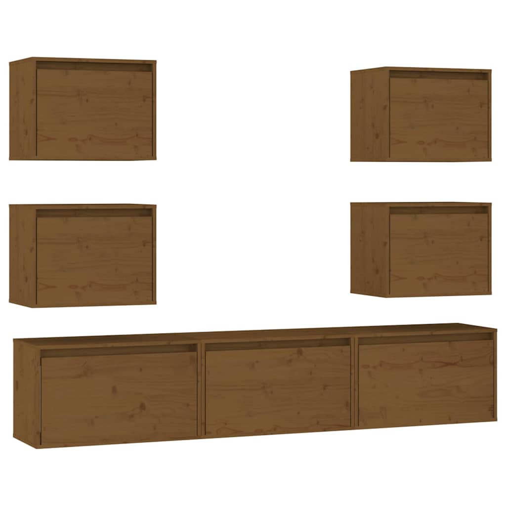 7 Piece TV Cabinet Set Honey Brown Solid Wood Pine