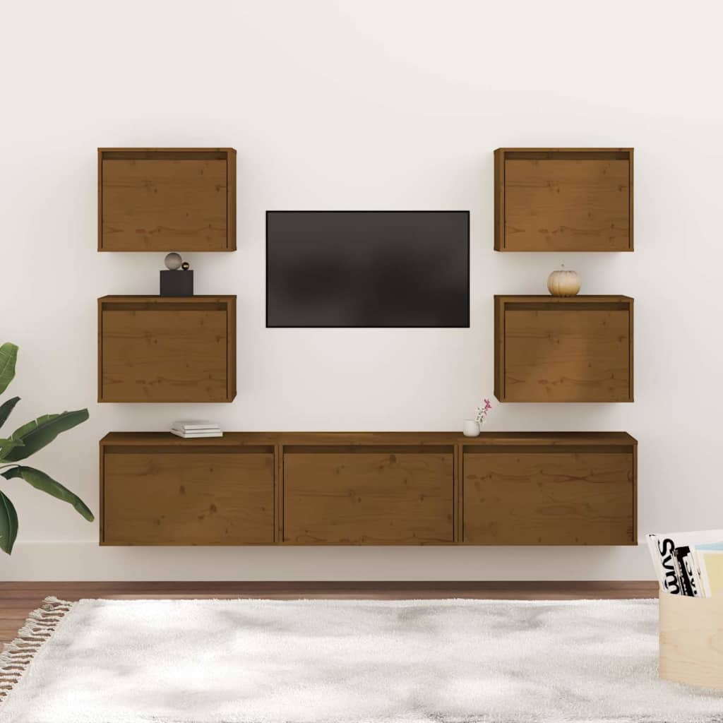 7 Piece TV Cabinet Set Honey Brown Solid Wood Pine