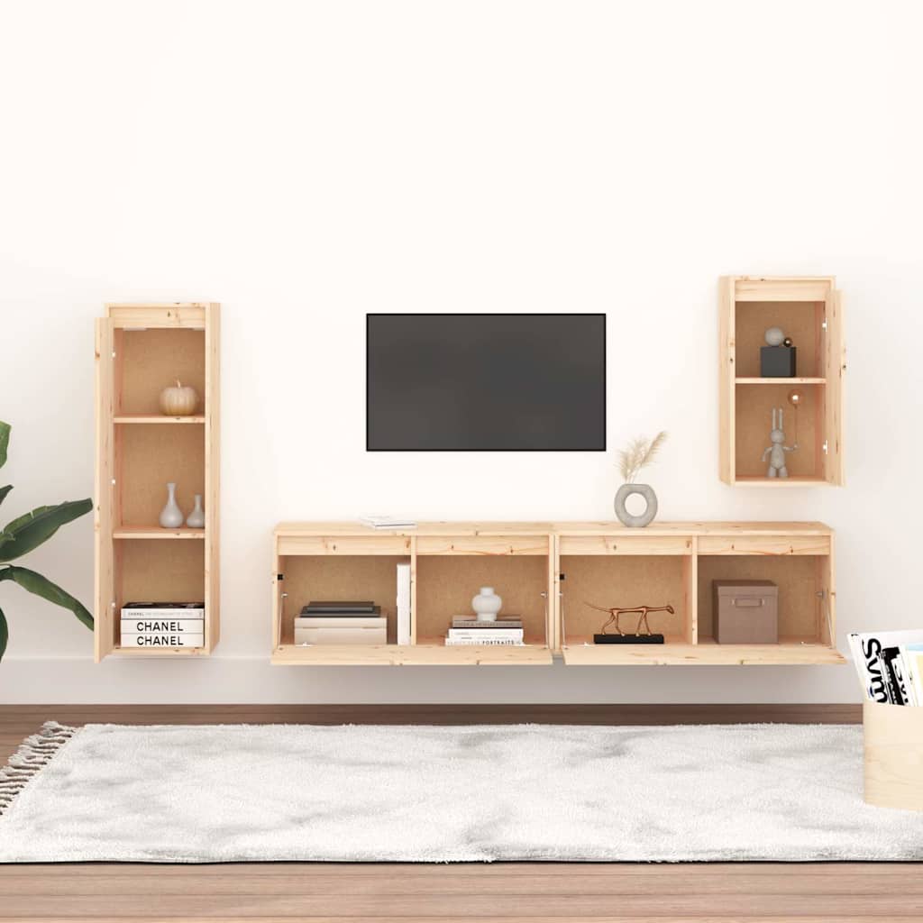 4 Piece TV Cabinet Set Solid Wood Pine