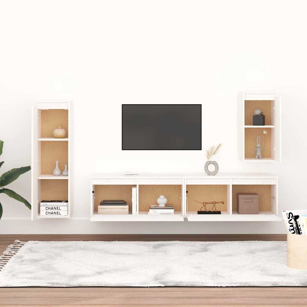 4 Piece TV Cabinet Set White Solid Wood Pine