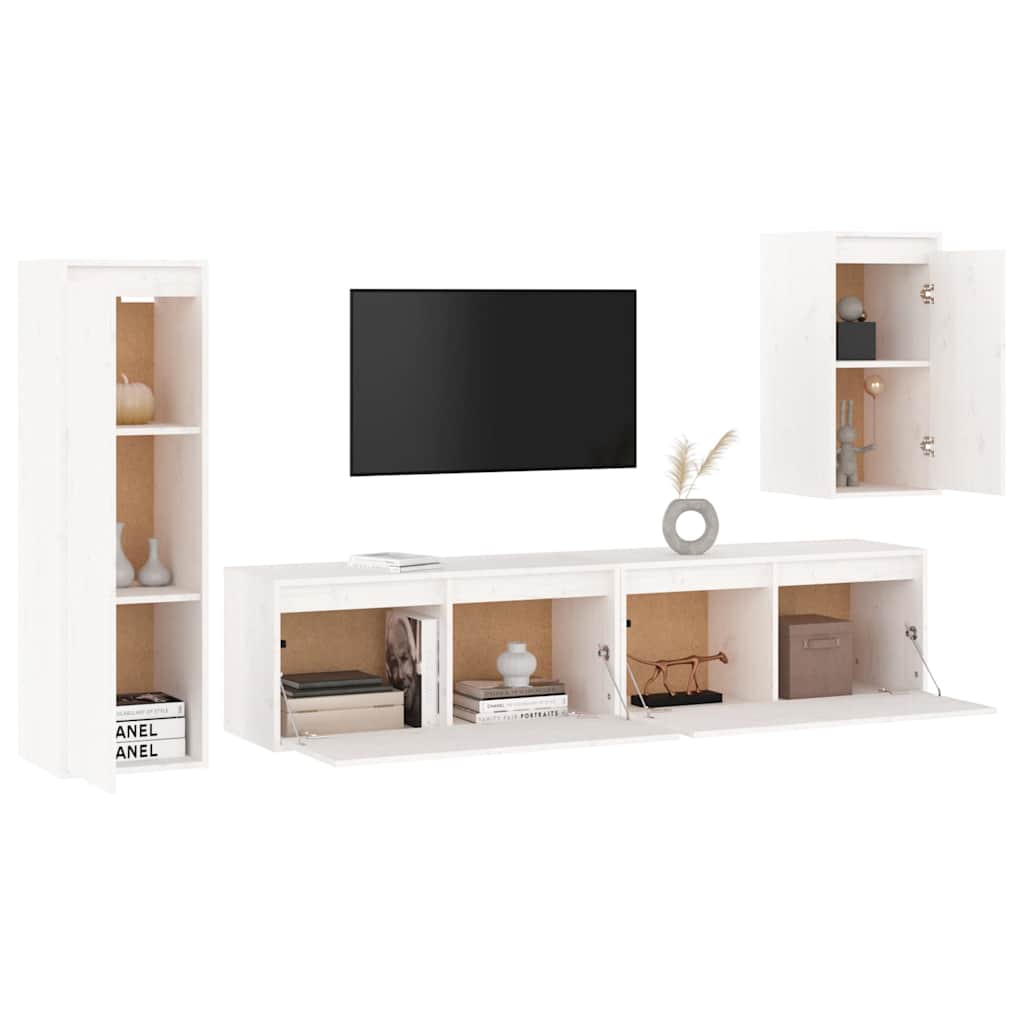4 Piece TV Cabinet Set White Solid Wood Pine