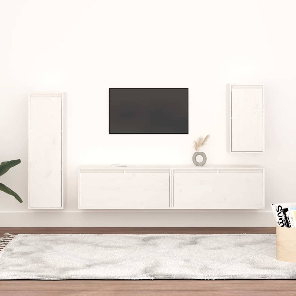 4 Piece TV Cabinet Set White Solid Wood Pine