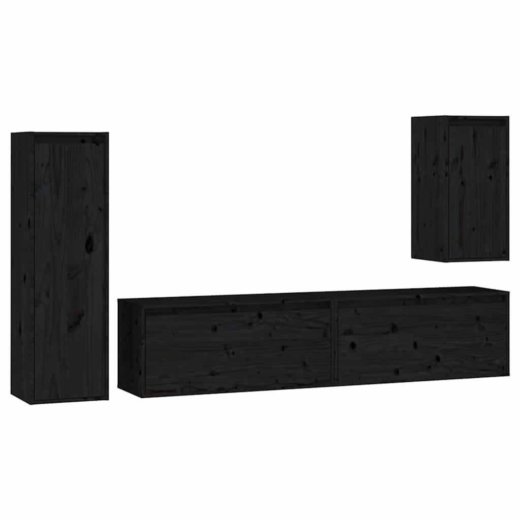 4 Piece TV Cabinet Set Black Solid Wood Pine