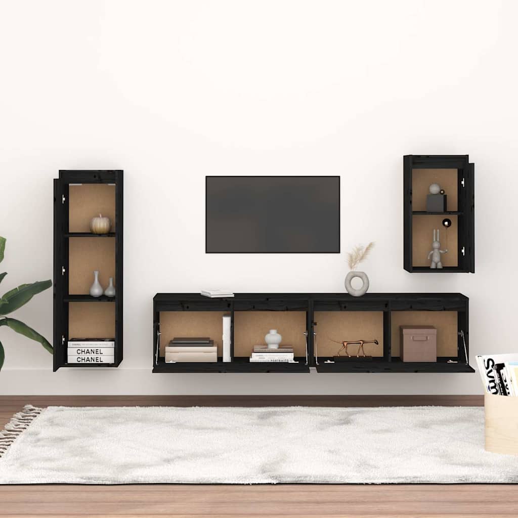 4 Piece TV Cabinet Set Black Solid Wood Pine