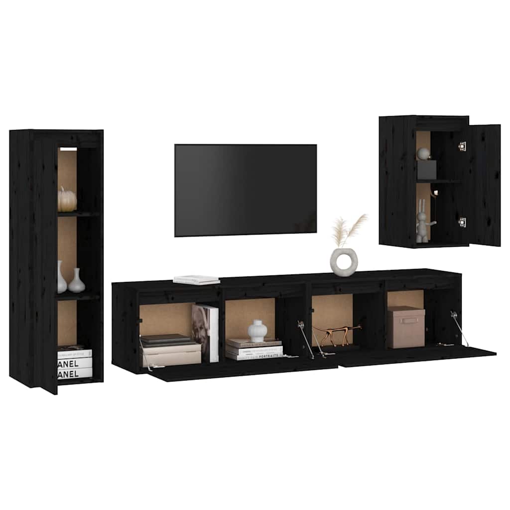4 Piece TV Cabinet Set Black Solid Wood Pine