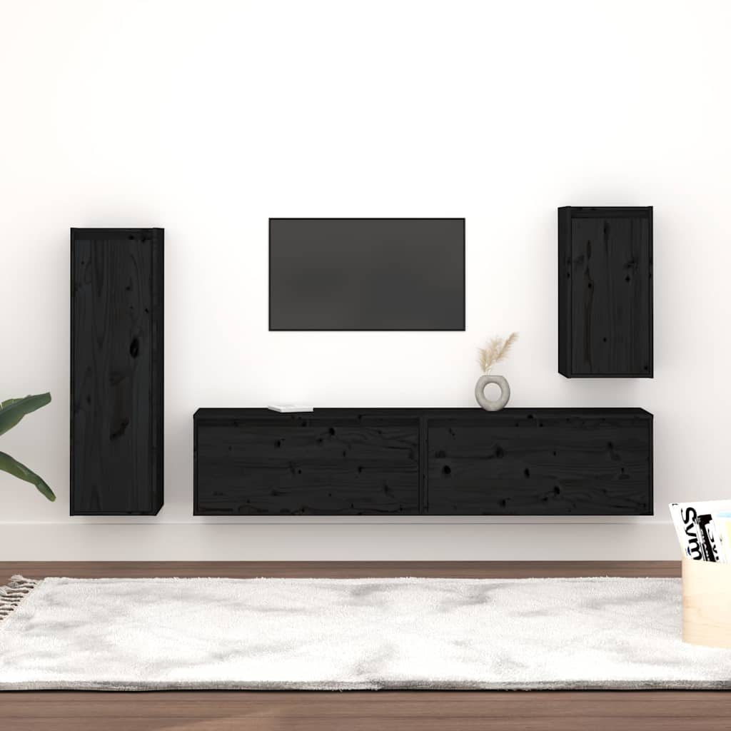 4 Piece TV Cabinet Set Black Solid Wood Pine