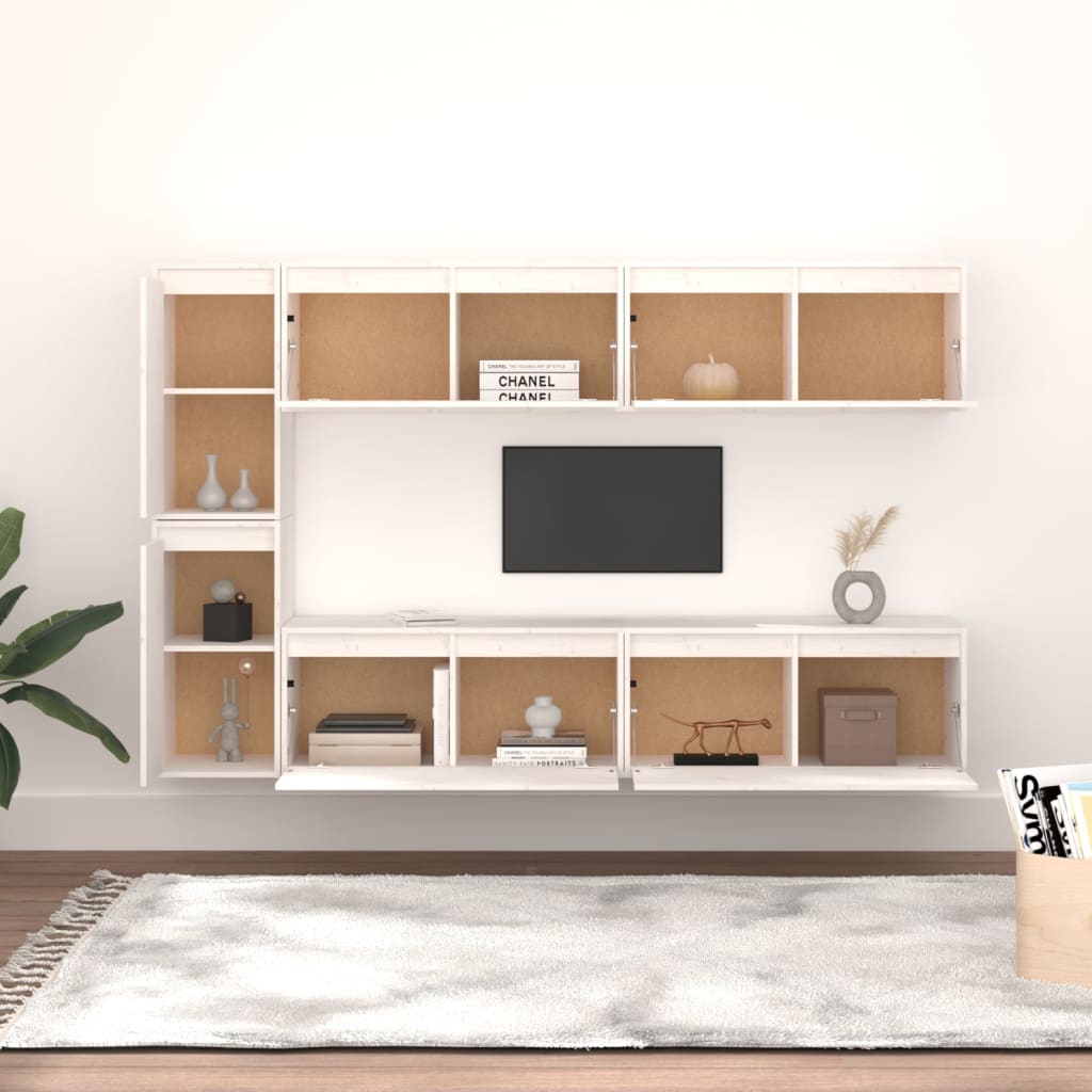 6 Piece TV Cabinet Set White Solid Wood Pine