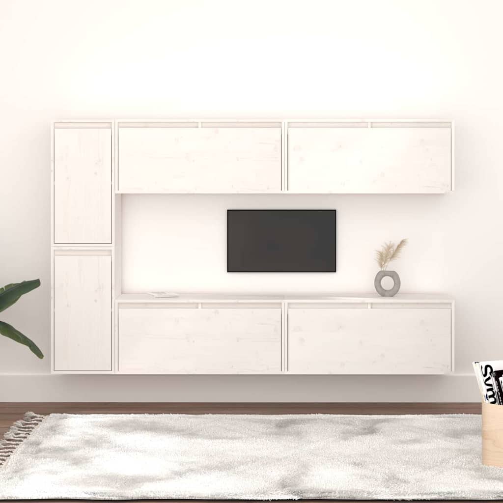 6 Piece TV Cabinet Set White Solid Wood Pine
