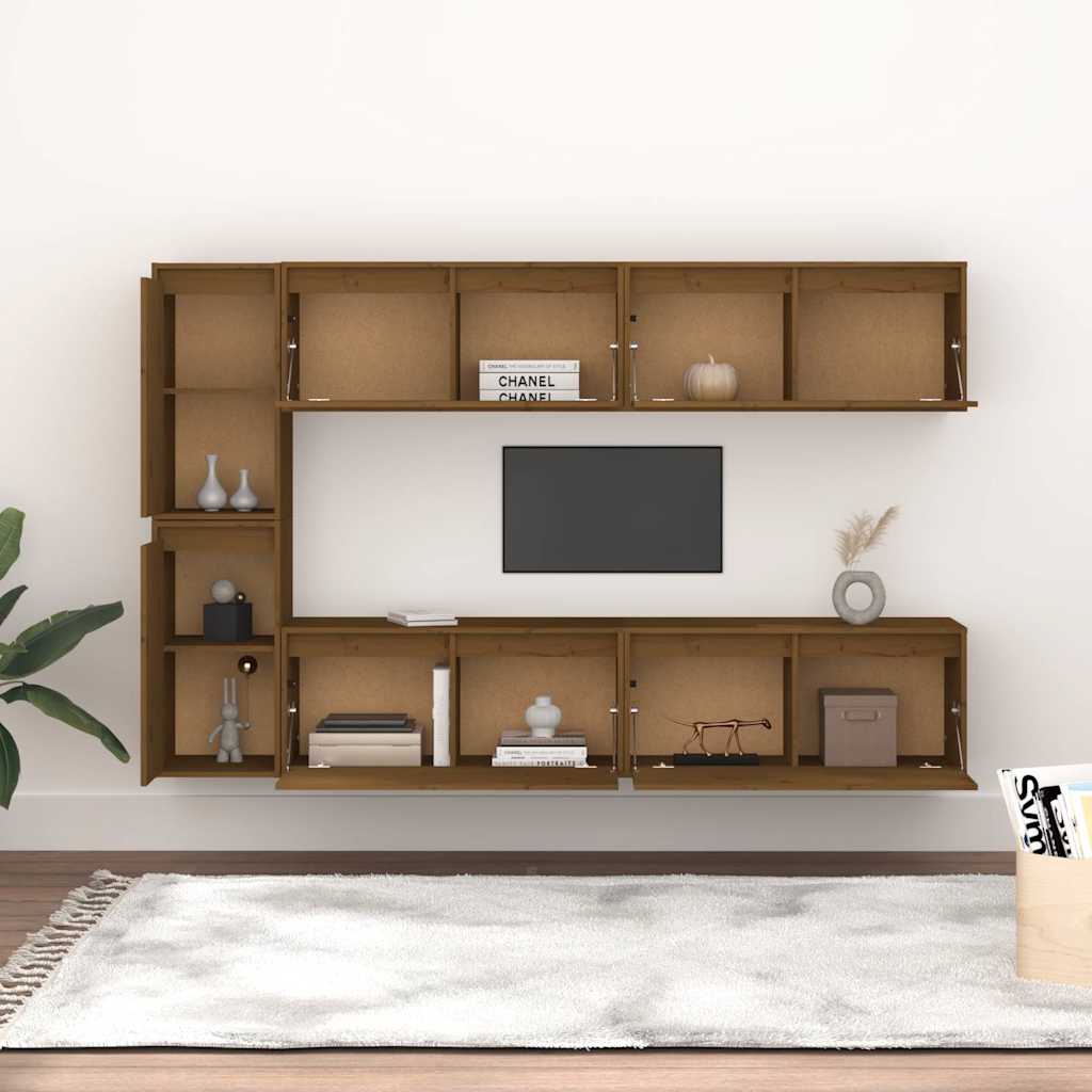 6 Piece TV Cabinet Set Honey Brown Solid Wood Pine