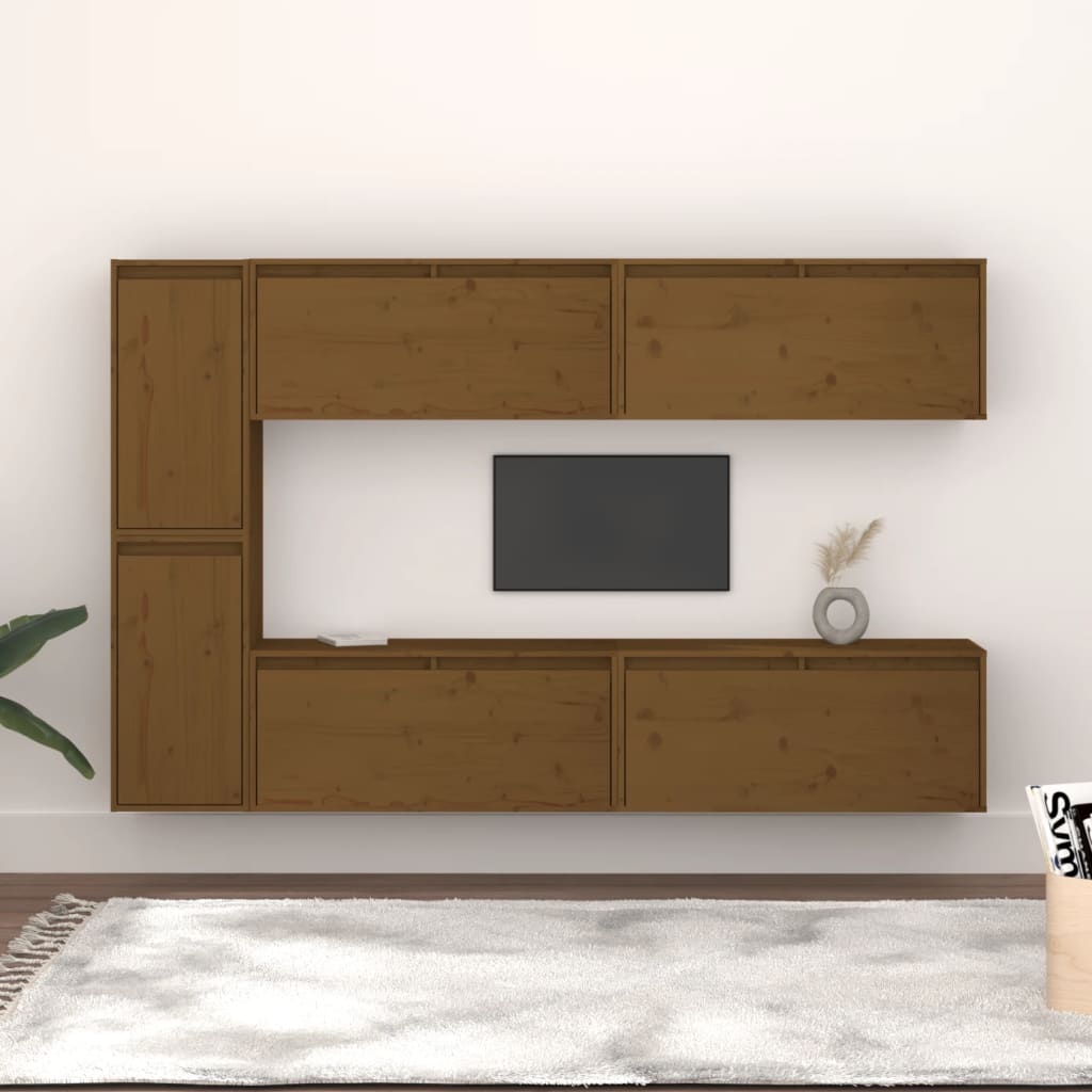 6 Piece TV Cabinet Set Honey Brown Solid Wood Pine