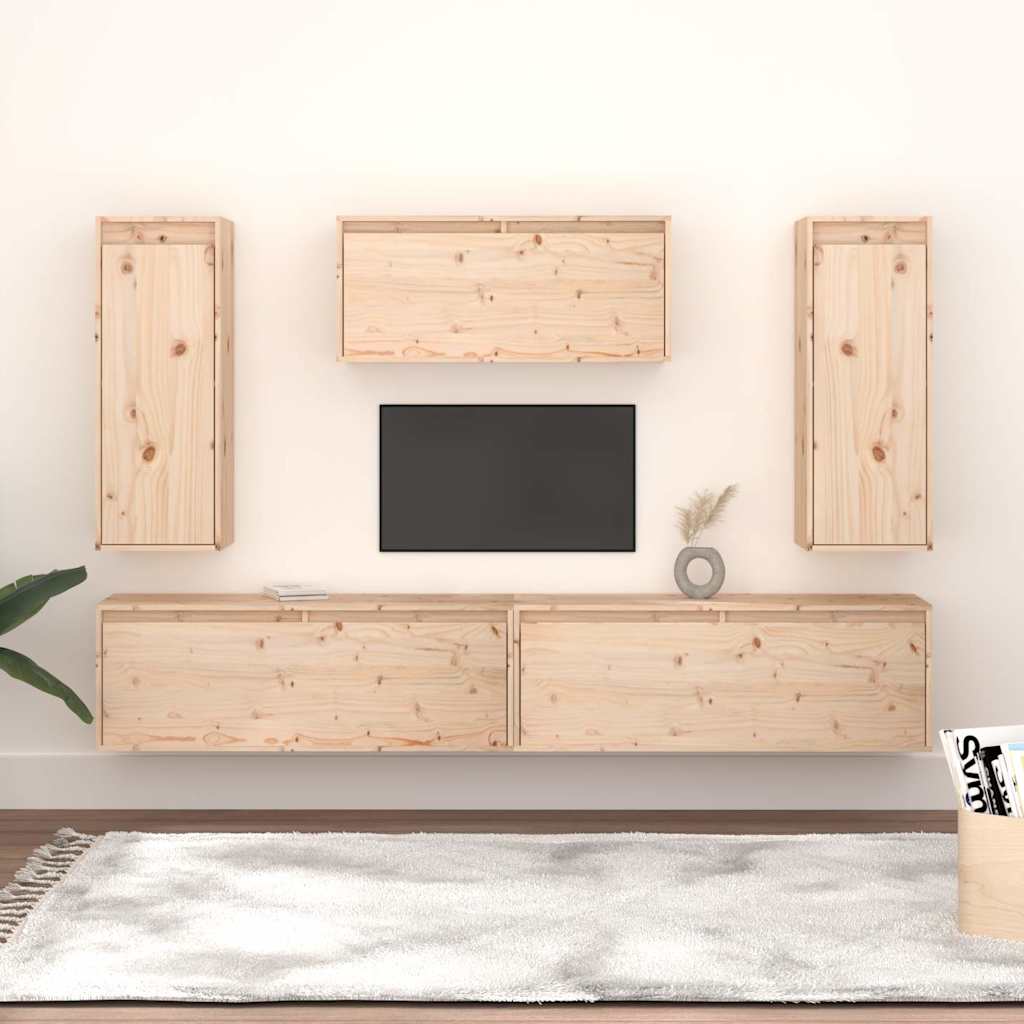 5 Piece TV Cabinet Set Solid Wood Pine