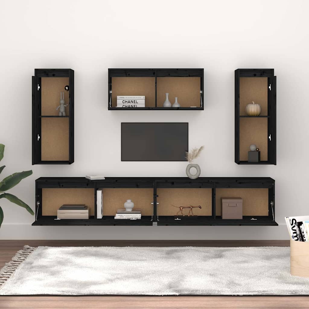 5 Piece TV Cabinet Set Black Solid Wood Pine
