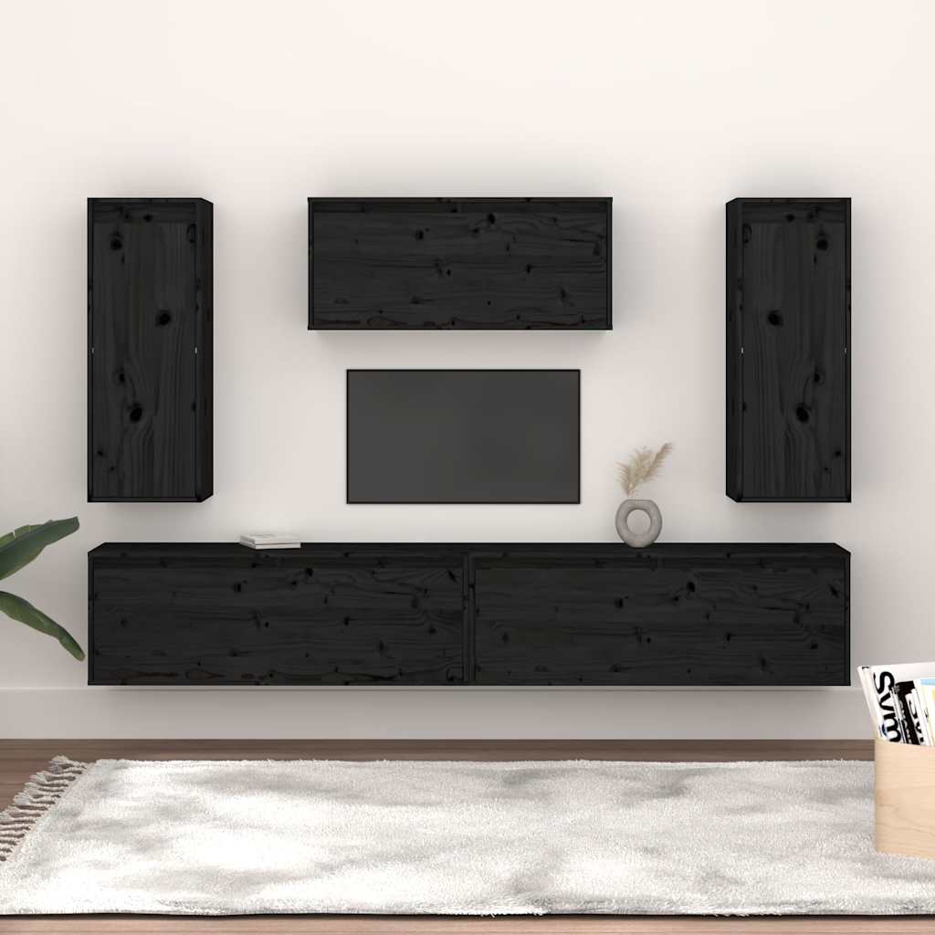 5 Piece TV Cabinet Set Black Solid Wood Pine