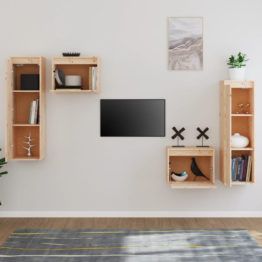 4 Piece TV Cabinet Set Solid Wood Pine