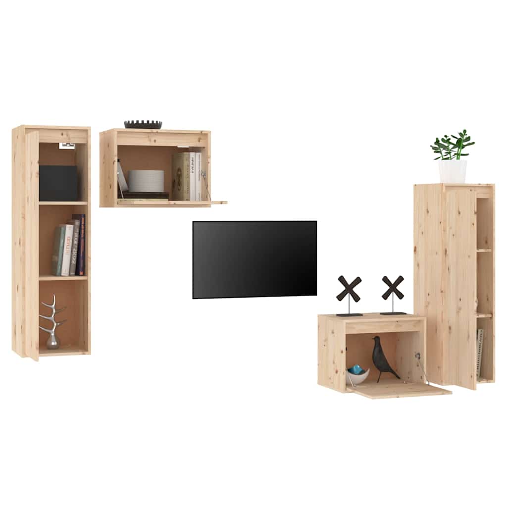 4 Piece TV Cabinet Set Solid Wood Pine
