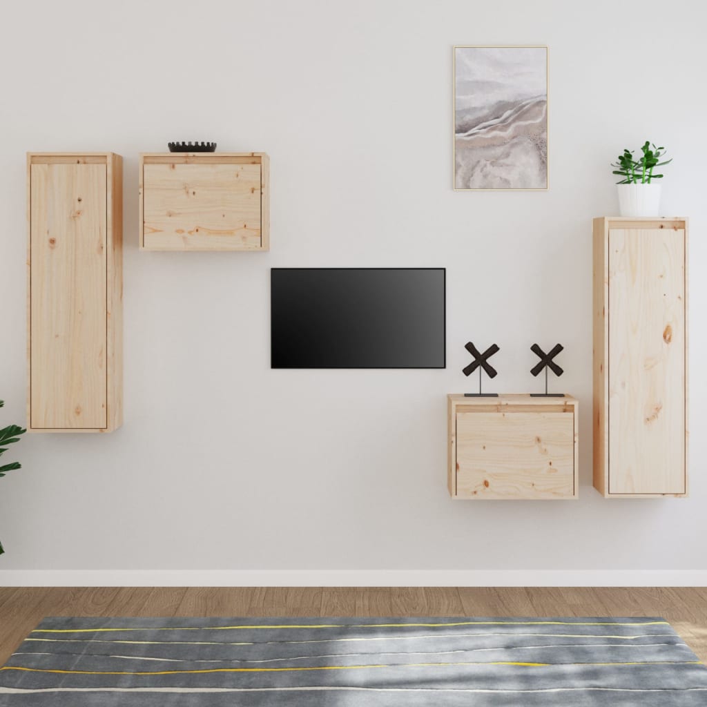 4 Piece TV Cabinet Set Solid Wood Pine