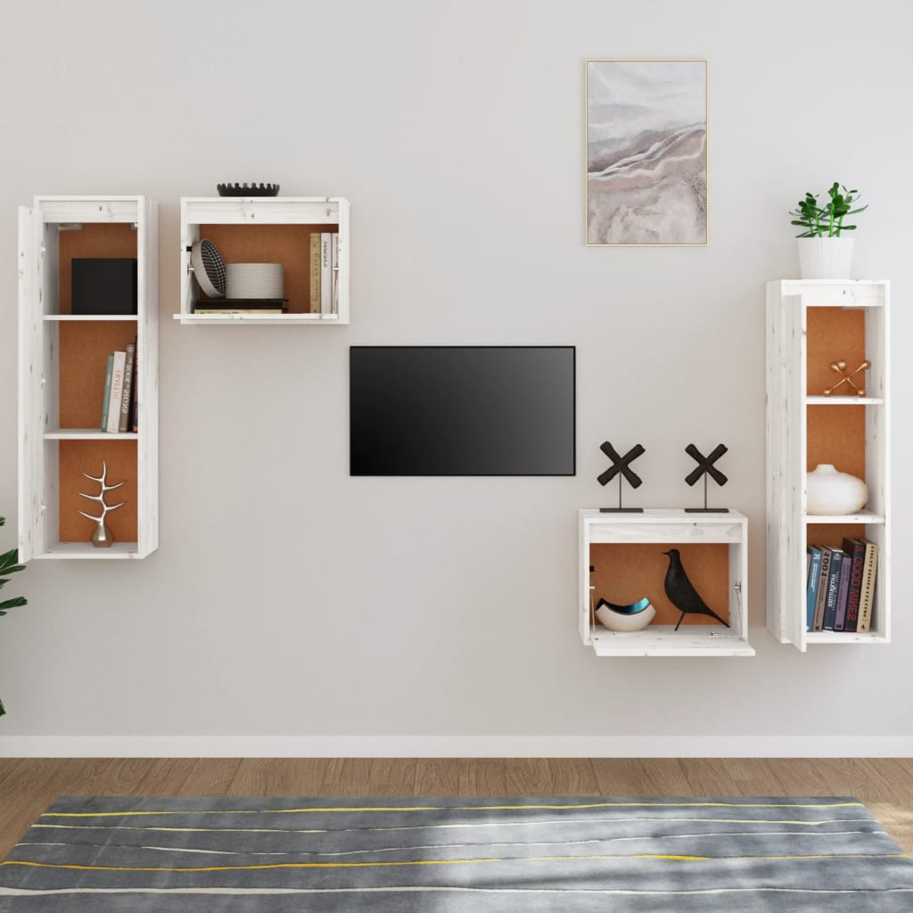 4 Piece TV Cabinet Set White Solid Wood Pine