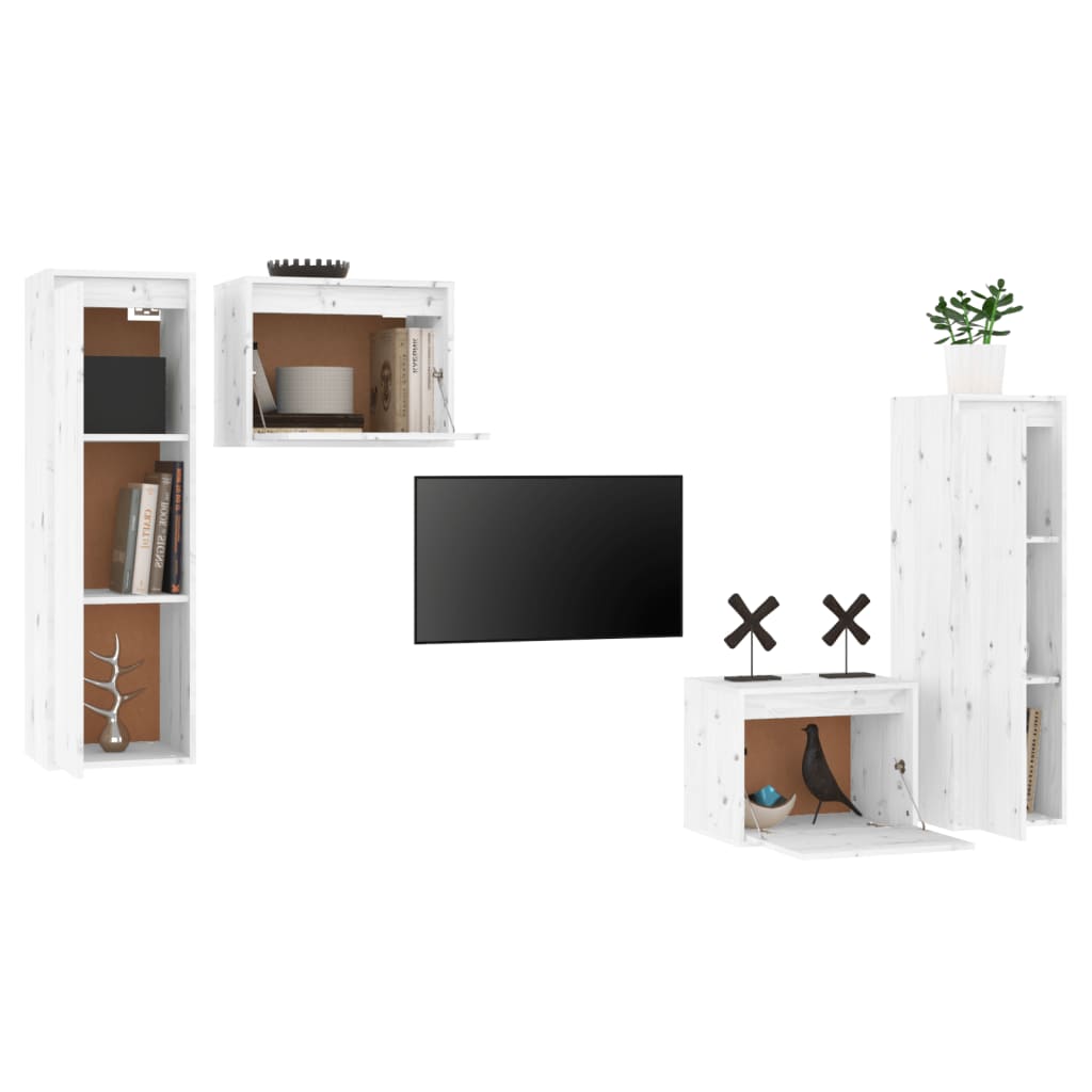 4 Piece TV Cabinet Set White Solid Wood Pine